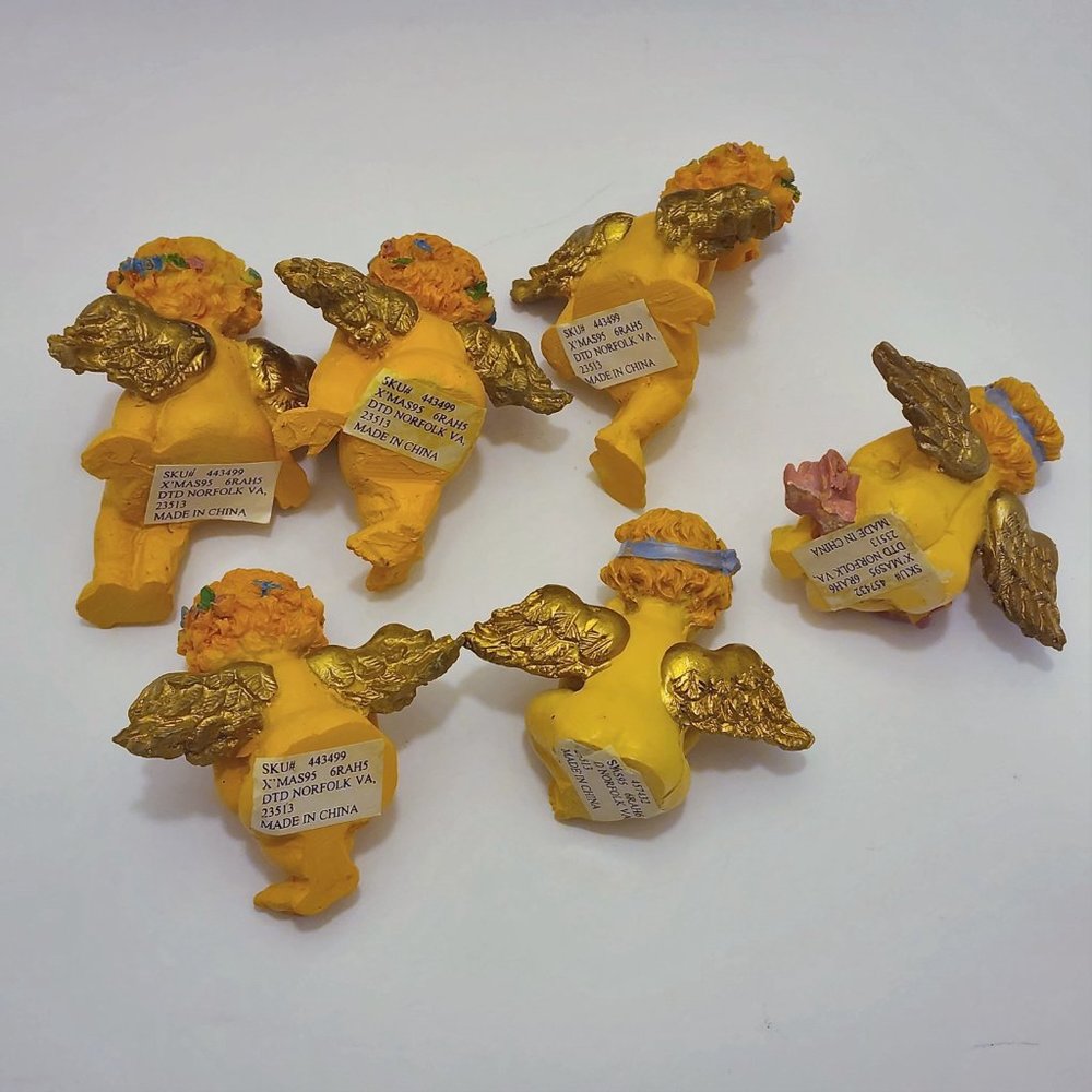 6 small naked cherub resin sitting angels - 1995 vintage figurine lot